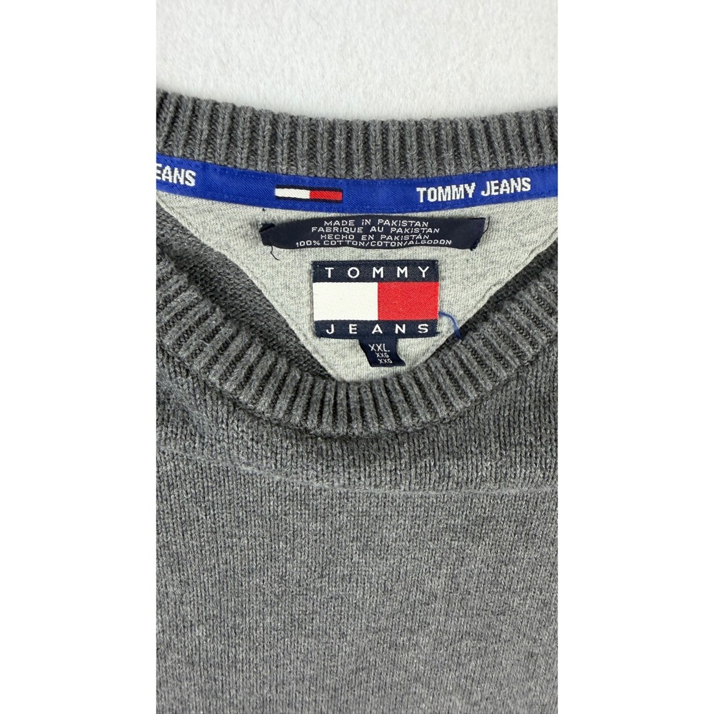 Vintage Tommy Jeans Sweater Gray Cable Sleeve Crewneck Knit XXL 100% Cotton - Picture 2 of 7